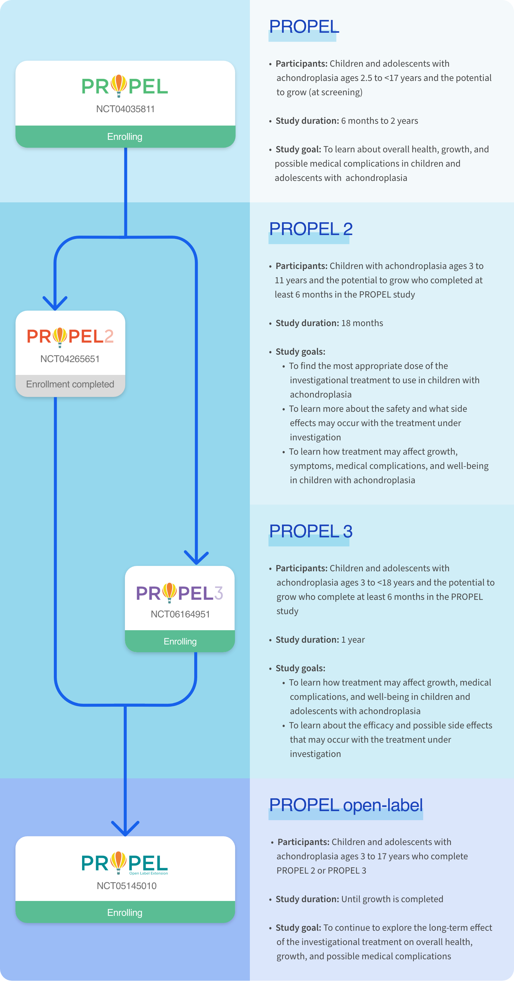 Detailed flowchart and summary of the PROPEL clinical study series for achondroplasia. The series starts with PROPEL, NCT0435811, which is currently enrolling participants aged 2.5 to <17 years. PROPEL has a study duration of 6 months to 2 years and has a study goal to learn about overall health, growth, and potential medical complications in children and adolescents with achondroplasia. This leads into PROPEL2, NCT04265651, with enrollment completed and a study duration of 18 months. PROPEL 2 is focused on children aged 3 to 11 years, aiming to find the most appropriate dose of treatment, safety, and how treatment may affect growth, medical complications, and well-being. Parallel to this is PROPEL 3, NCT06164951, still enrolling, for children and adolescents aged 3 to <18 years, with goals to understand treatment effects on growth, medical complications, and well-being, with a study duration of 1 year. Both PROPEL 2 and PROPEL 3 funnel into PROPEL open-label extension, NCT0514510, enrolling children and adolescents aged 3 to 17 years who completed PROP2 or PROP3, with the goal to explore long-term effects of treatment on overall health, growth, and possible medical complications. The study duration for PROPEL 3 is until growth is complete.
